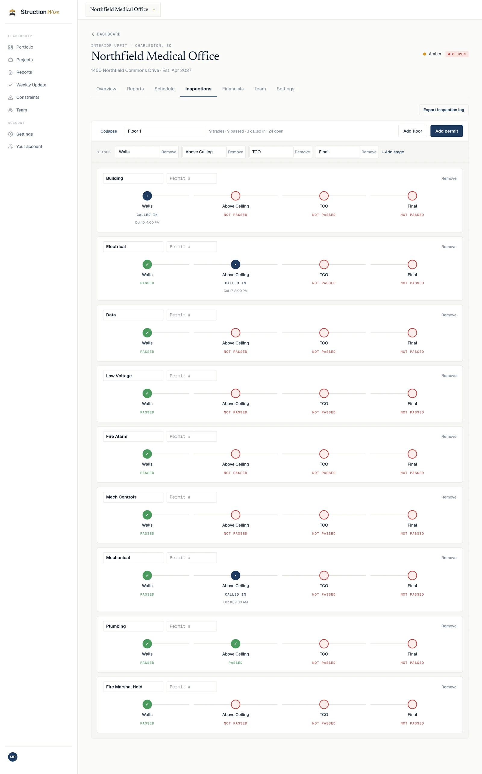StructionWise inspections for Floor 1 of Northfield Medical Office: 9 trades, from Building and Electrical to Fire Marshal Hold, across the Walls, Above Ceiling, TCO and Final stages, each marked Passed, Called in with a date and time, or Not passed