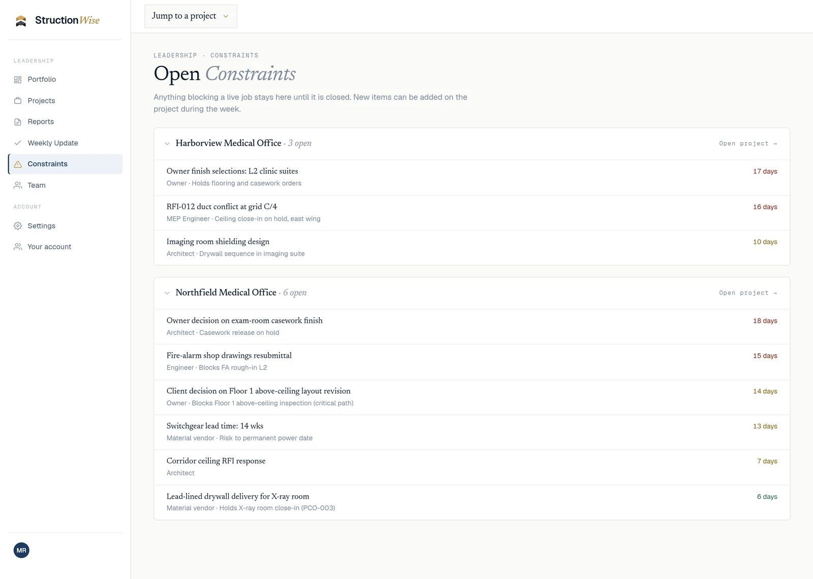 Open Constraints for two sample jobs, Harborview Medical Office with 3 open and Northfield Medical Office with 6 open, each item showing who it's waiting on (Owner, MEP Engineer, Architect, Engineer, Material vendor) and days open from 6 to 18 in green, amber and red