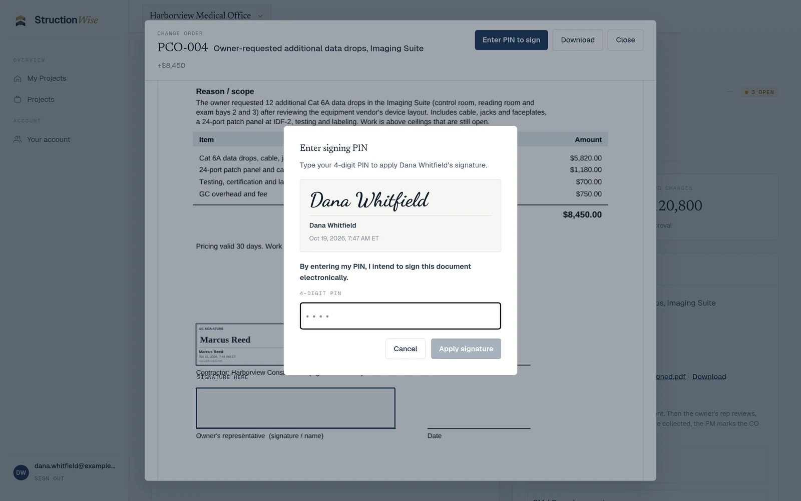 PCO signing dialog in StructionWise over PCO-004, owner-requested additional data drops for the Imaging Suite: a typed signature preview for Dana Whitfield with name and timestamp, the statement that entering the PIN means they intend to sign electronically, a 4-digit PIN field and an Apply signature button